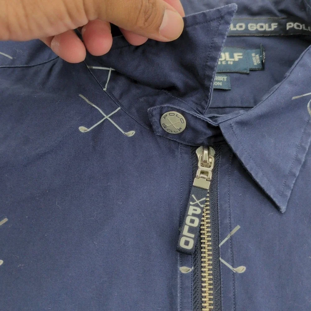 Polo Golf Ralph Lauren Shirt Large Navy Blue Half Zip All Over Print Golf Clubs